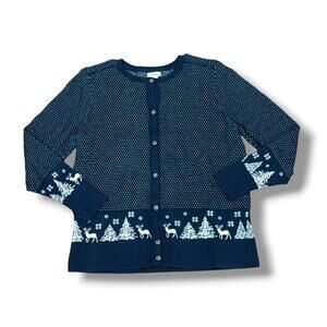 Women's Navy Blue Cardigan Sweater with White Pattern